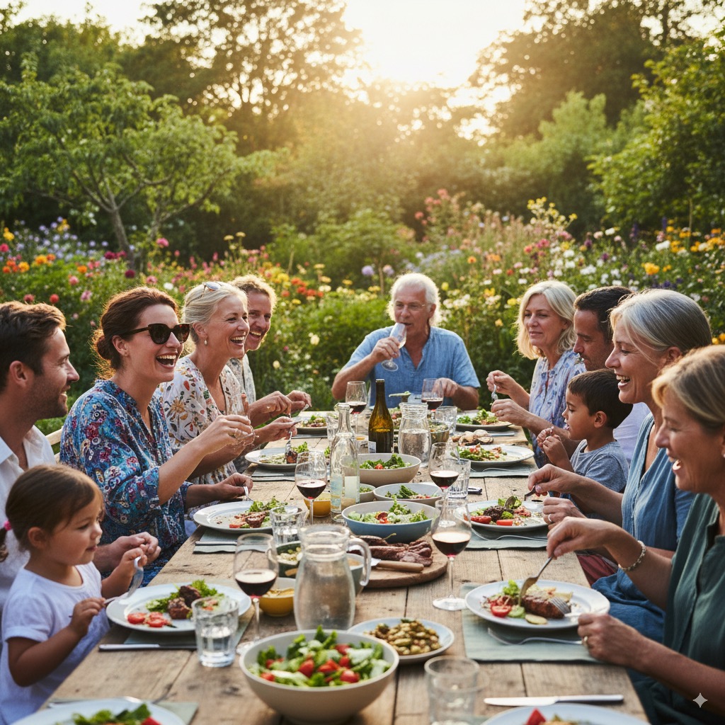 Fröhliche Menschen essen gemeinsam